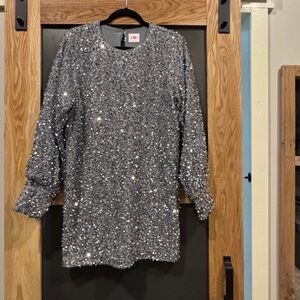 Buddy Love Silver Sequin Mini Dress Long Sleeve Size Small